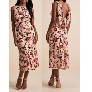 Lulus Florina Blush Floral Velvet Midi Dress Dark Romantic Cowl Back XL NWT